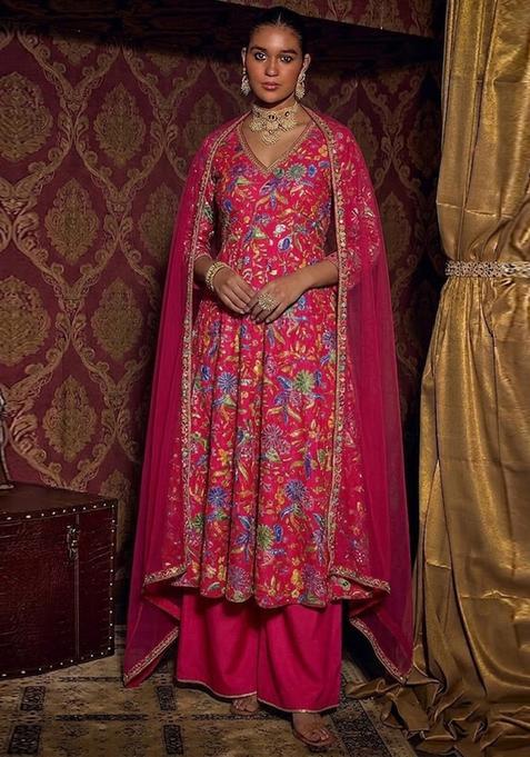 Hot Pink Printed Crepe Kurta Set