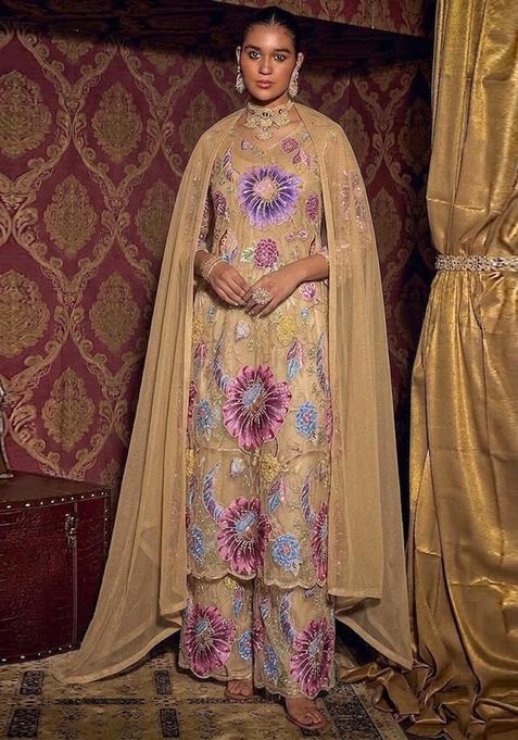 Beige Printed Organza Kurta Set