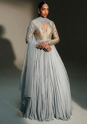 Grey Silk Anarkali with Dupatta