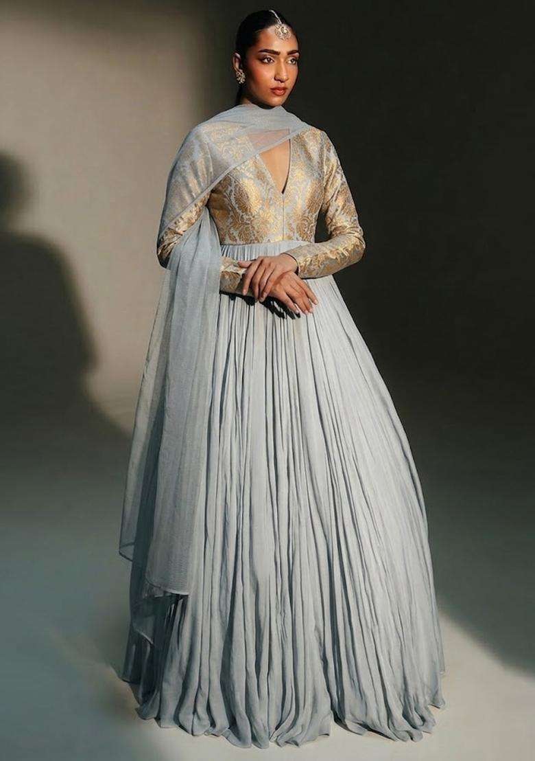 Grey Silk Anarkali with Dupatta - Indya