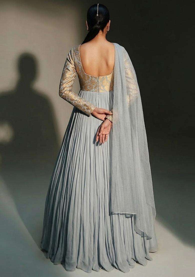 Grey Silk Anarkali with Dupatta - Indya