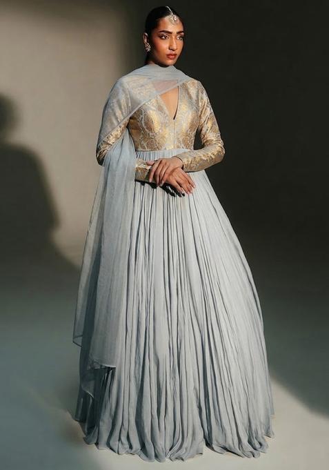 Grey Silk Anarkali with Dupatta