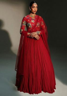 Crimson Red Printed Organza Anarkali with Dupatta