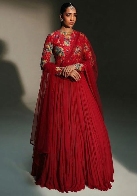 Crimson Red Printed Organza Anarkali with Dupatta
