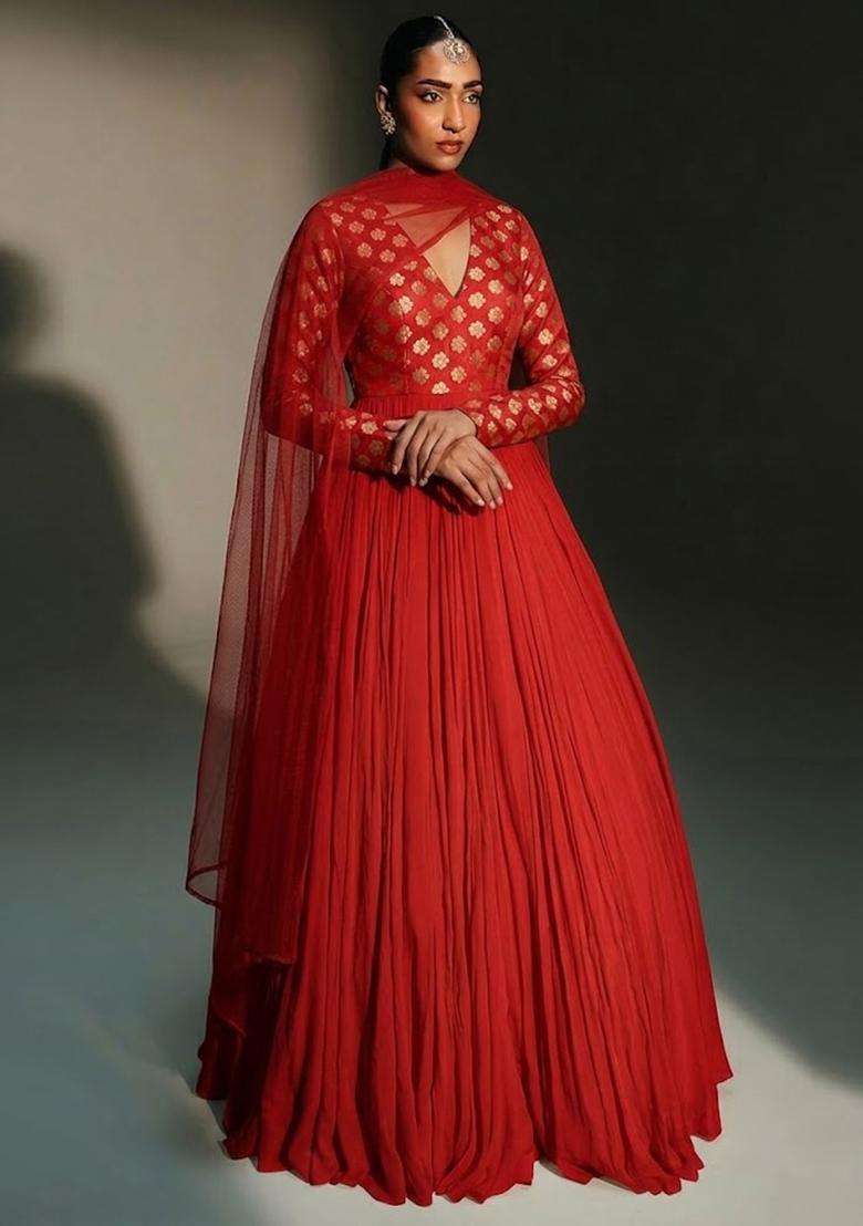 Crimson Red Zari Satin Anarkali with Dupatta - Indya