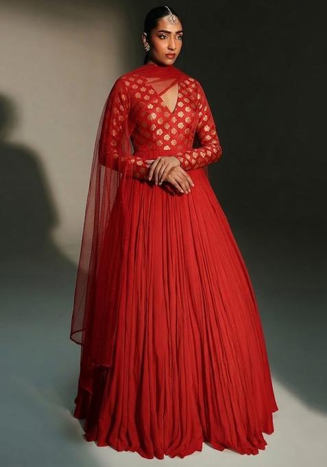 Crimson Red Zari Satin Anarkali with Dupatta