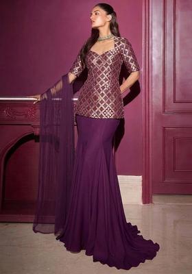 Plum Purple Zari Silk Fusion Set
