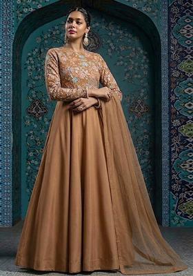 Brown Sequin Crepe Anarkali With Dupatta