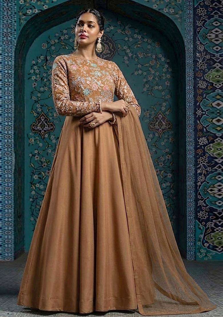 Brown Sequin Crepe Anarkali With Dupatta - Indya