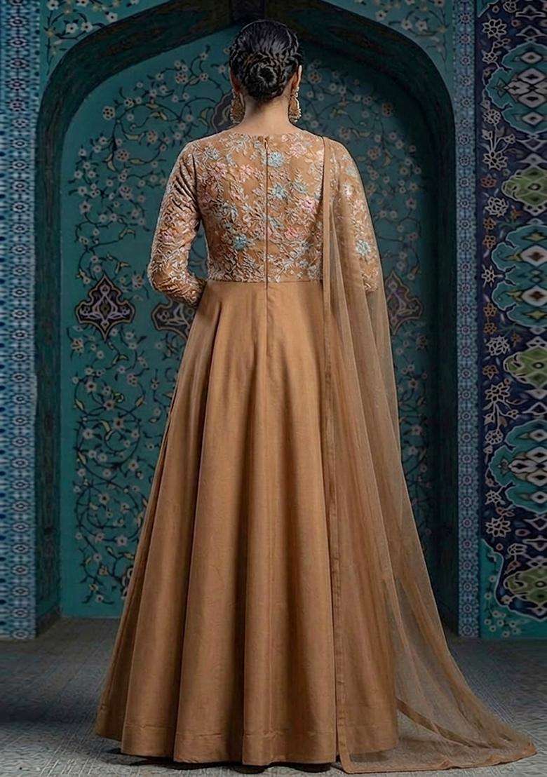 Brown Sequin Crepe Anarkali With Dupatta - Indya