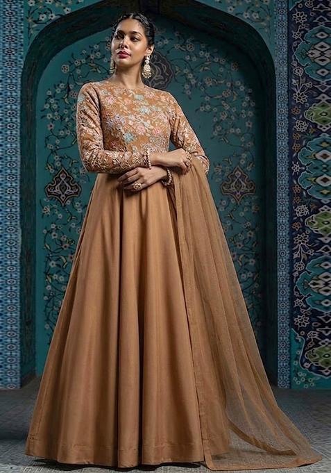 Brown Sequin Crepe Anarkali With Dupatta