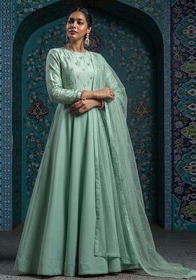 Green Embroidered Silk Anarkali With Dupatta