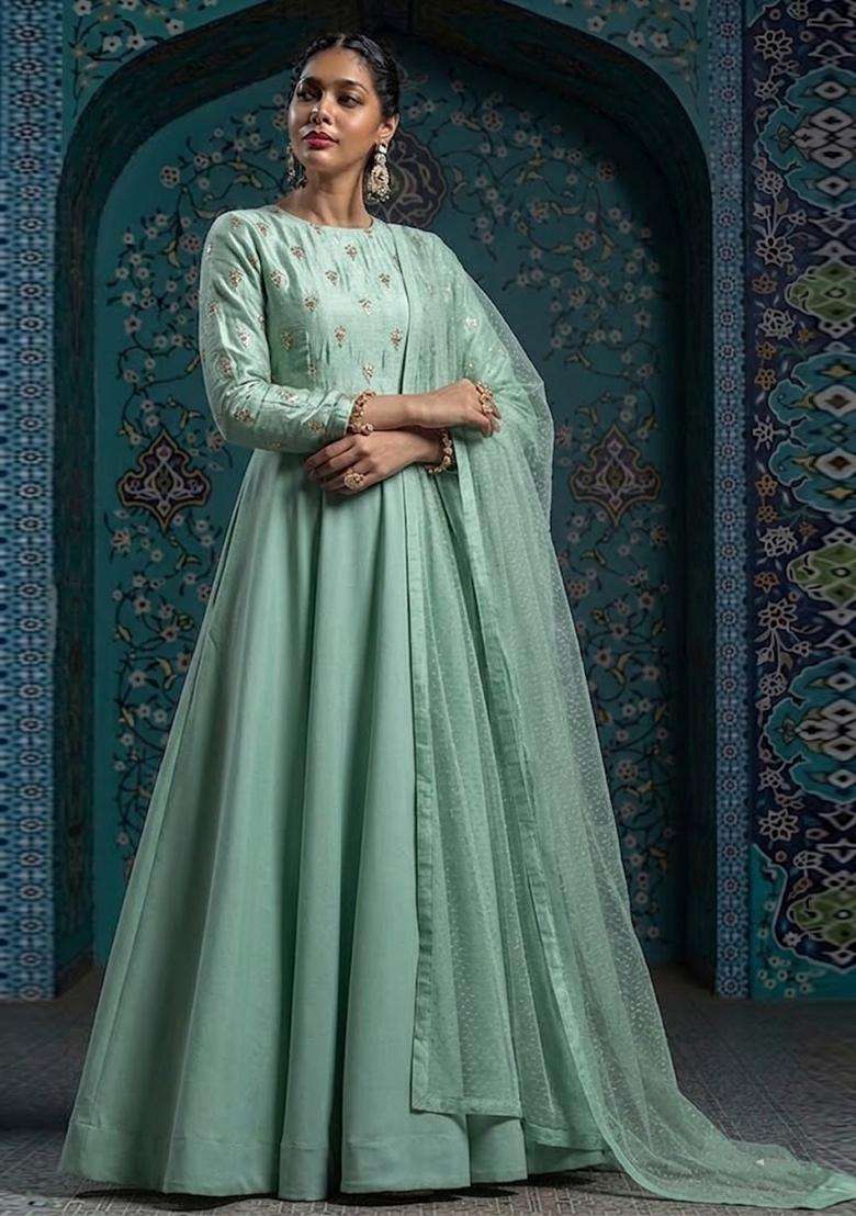 Green Embroidered Silk Anarkali With Dupatta - Indya