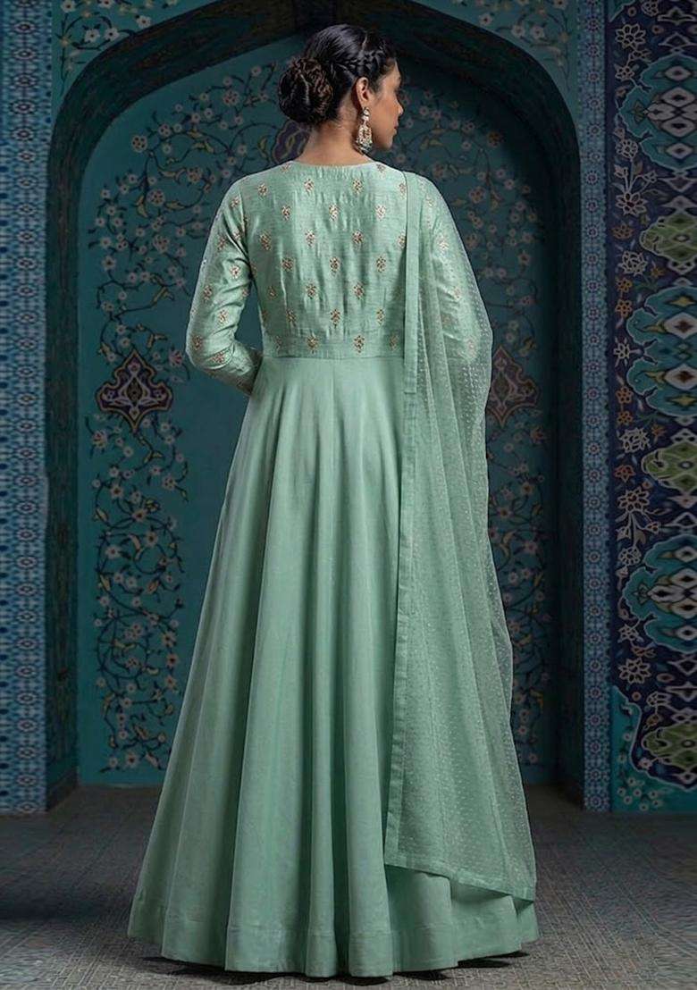 Green Embroidered Silk Anarkali With Dupatta - Indya