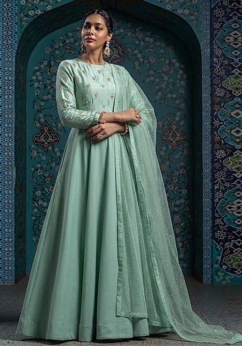 Green Embroidered Silk Anarkali With Dupatta
