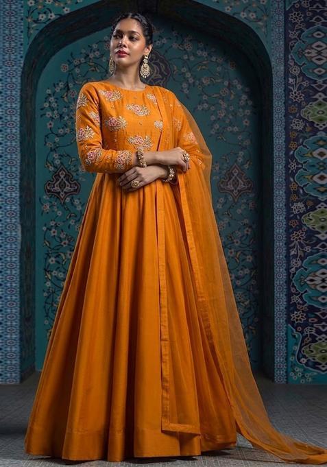 Yellow Embroidered Chanderi Anarkali With Dupatta