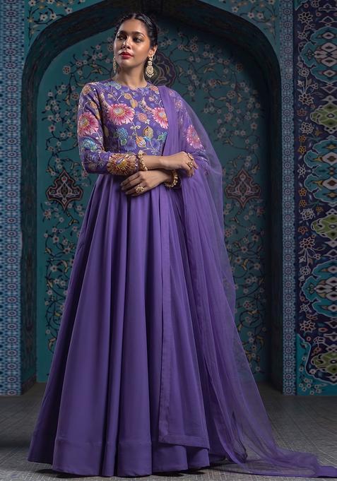 Purple Printed Organza Anarkali With Dupatta
