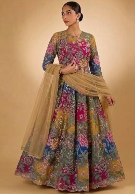 Multicolor Printed Crepe Anarkali With Dupatta