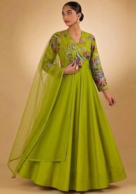 Green Printed Organza Anarkali With Dupatta