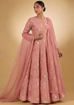Pink Embroidered Chanderi Anarkali With Dupatta