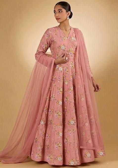 Pink Embroidered Chanderi Anarkali With Dupatta