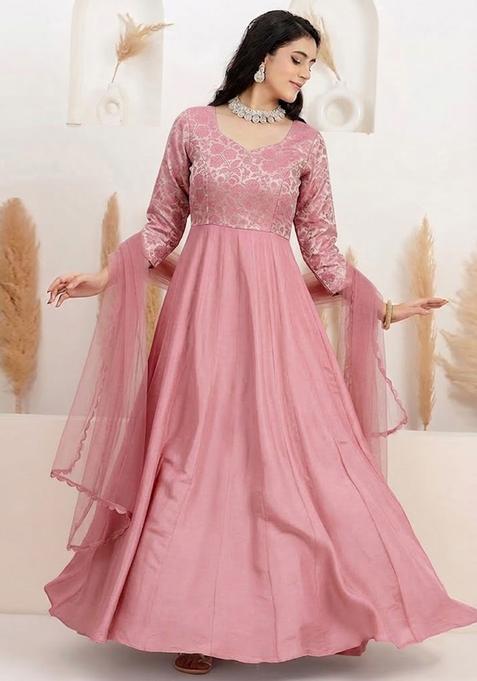 Pink Self Design Silk Anarkali With Dupatta