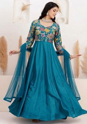 Blue Printed Crepe Anarkali With Dupatta