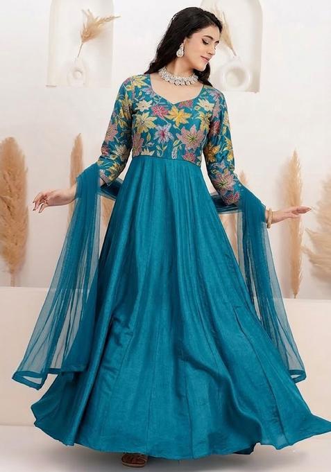 Blue Printed Crepe Anarkali With Dupatta