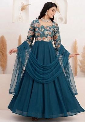 Blue Printed Chinon Anarkali With Dupatta