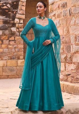 Green Printed Crepe Anarkali With Dupatta