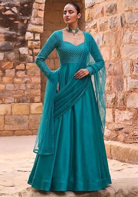 Green Printed Crepe Anarkali With Dupatta