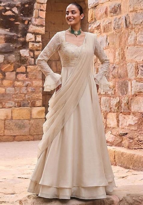 Beige Embroidered Chanderi Pre Draped Saree Set