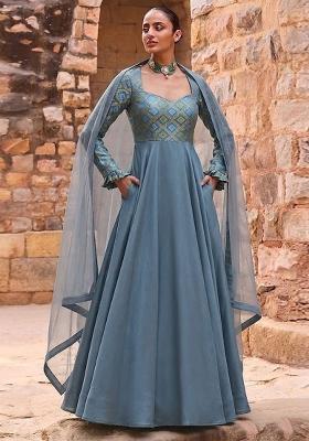 Blue Printed Georgette Anarkali With Dupatta