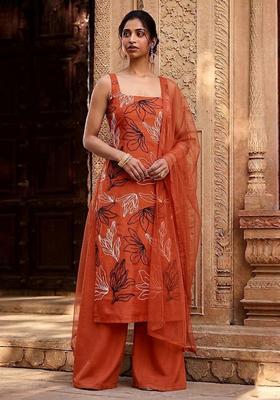 Orange Embroidered Chanderi Kurta Set