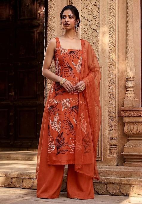 Orange Embroidered Chanderi Kurta Set
