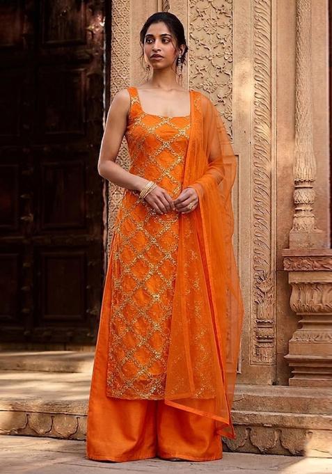 Orange Embroidered Net Kurta Set