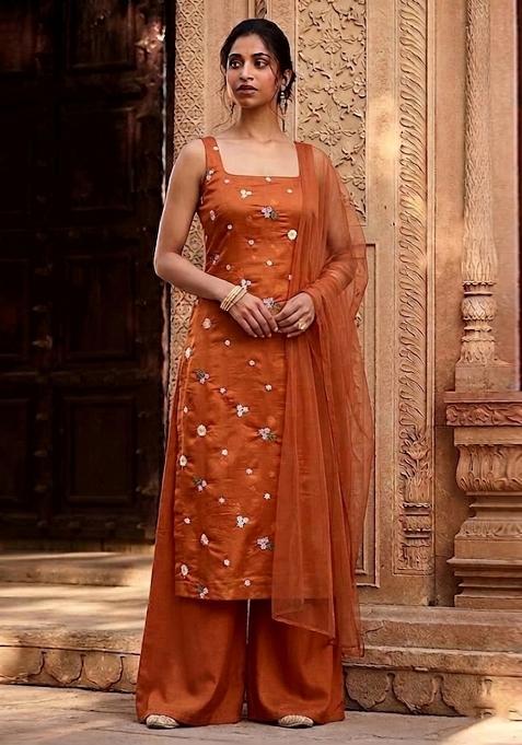Orange Embroidered Chanderi Kurta Set