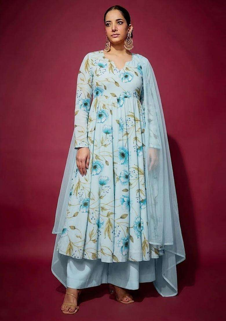 Blue Printed Crepe Anarkali Set - Indya