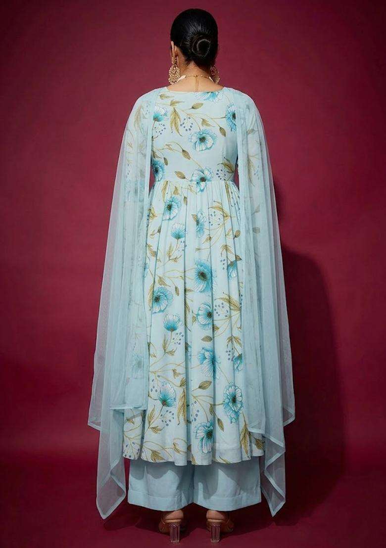 Blue Printed Crepe Anarkali Set - Indya