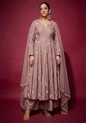 Pink Embroidered Chanderi Anarkali Set