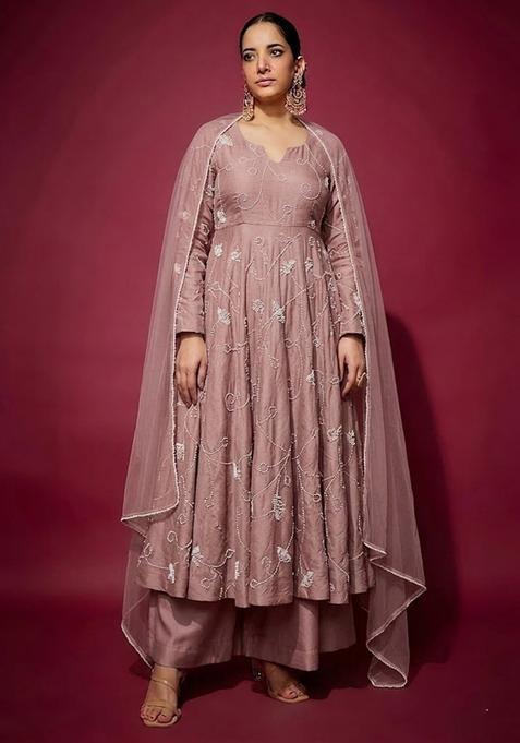 Maroon Embroidered Chanderi Anarkali Set