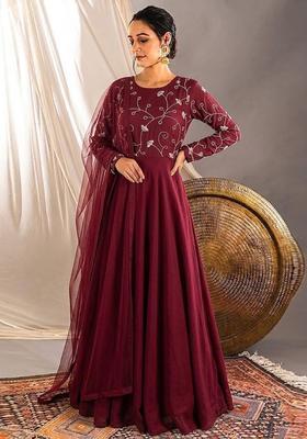 Red Embroidered Chanderi Anarkali With Dupatta