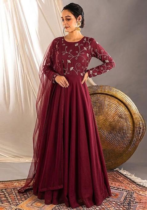 Maroon Embroidered Chanderi Anarkali with Dupatta