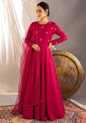 Pink Embroidered Chanderi Anarkali With Dupatta