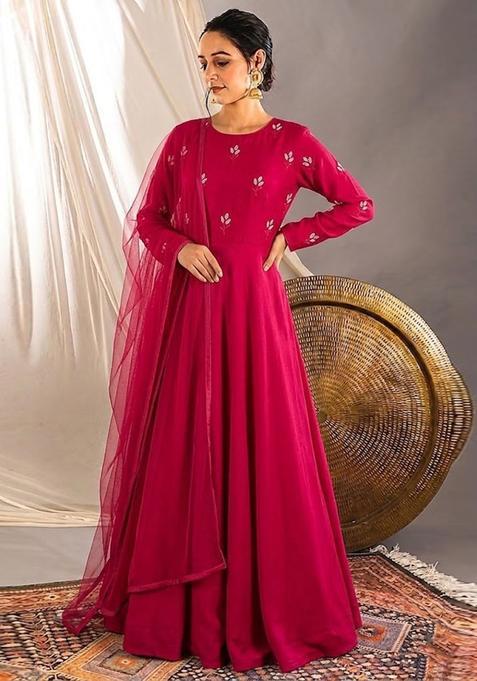 Maroon Embroidered Chanderi Anarkali with Dupatta