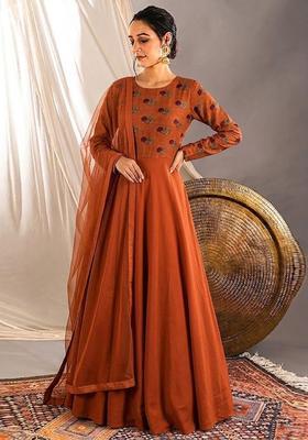 Orange Printed Satin Anarkali With Dupatta