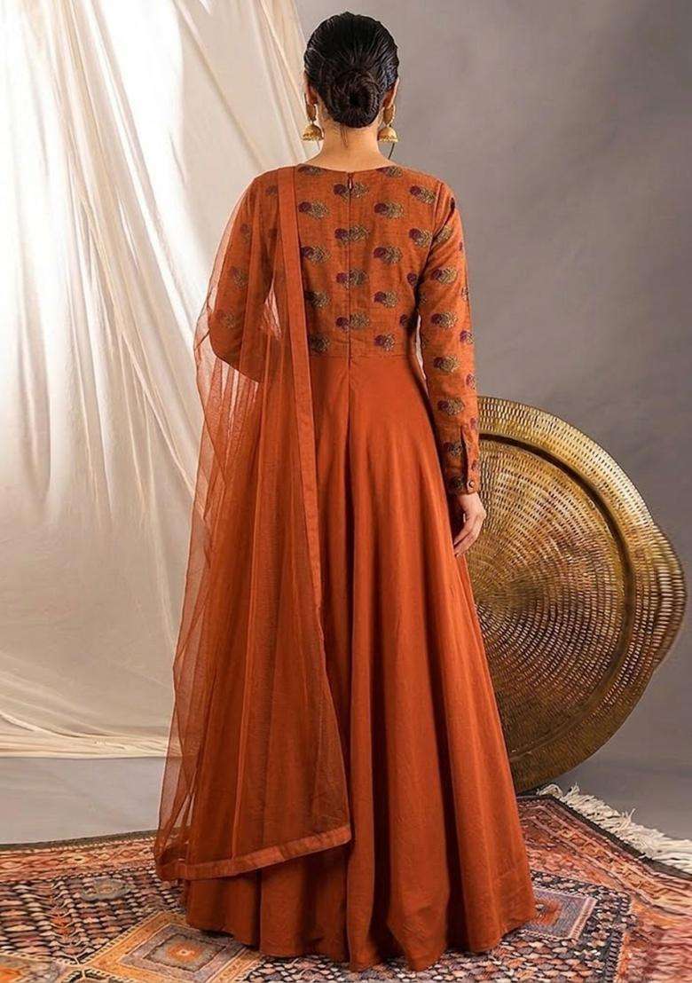 Orange Printed Satin Anarkali With Dupatta - Indya