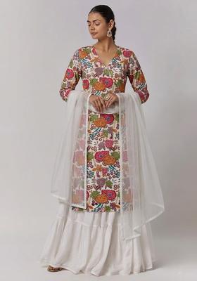 White Printed Crepe Sharara Set