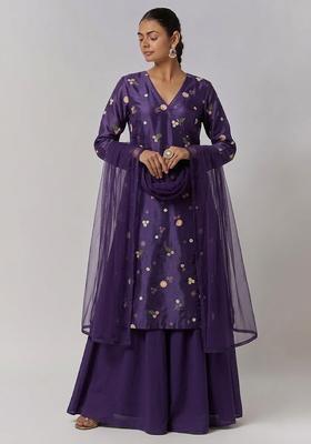 Purple Embroidered Chanderi Sharara Set