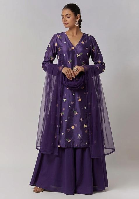 Maroon Embroidered Chanderi Sharara Set